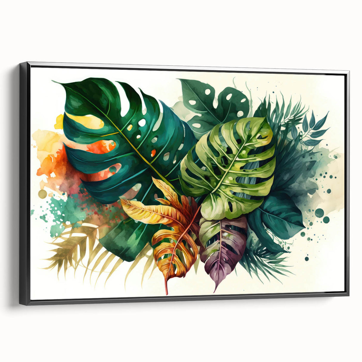 Framed canvas wall art featuring a botanical design of a Monstera plant, showcasing vibrant green leaves against a minimalist black background, perfect for modern decor.