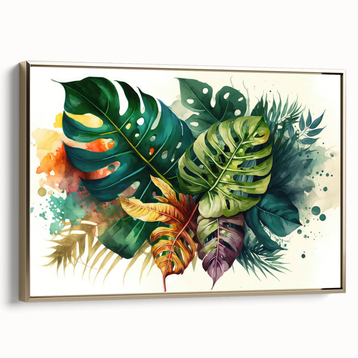 Framed wall art of a botanical monstera design, showcasing vibrant green leaves on a gold background. The piece is elegantly displayed from the side, highlighting its sophisticated craftsmanship and contemporary style. Perfect for adding a touch of nature-inspired decor to any modern living space.