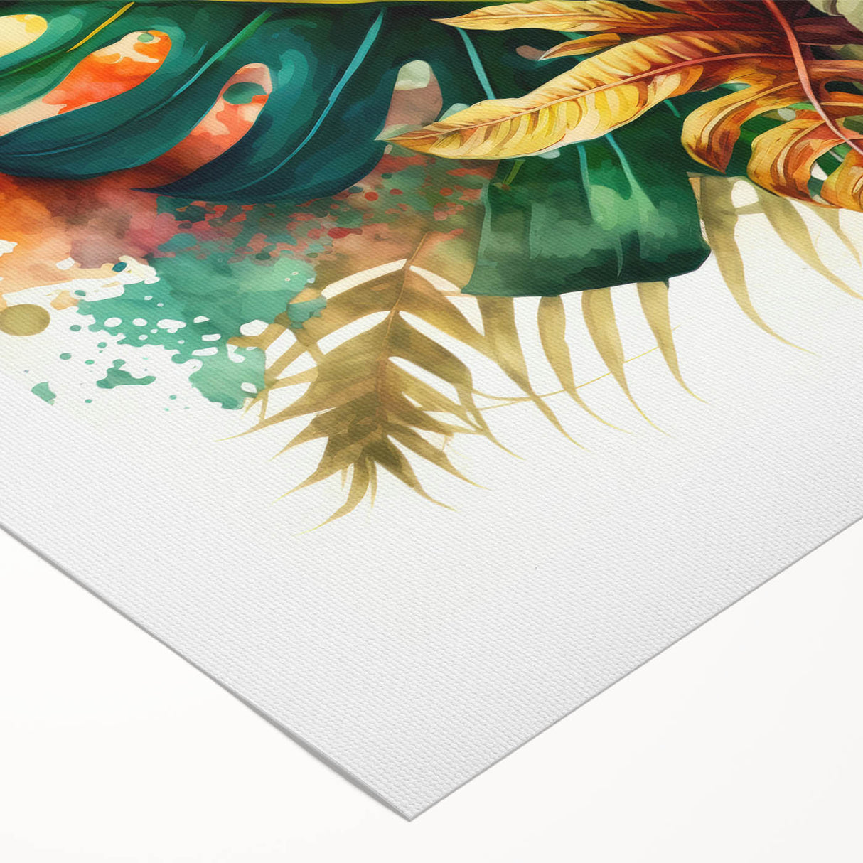 Botanical wall art featuring a vibrant monstera leaf design on rolled canvas, showcasing rich green tones and intricate details, ideal for home decor.