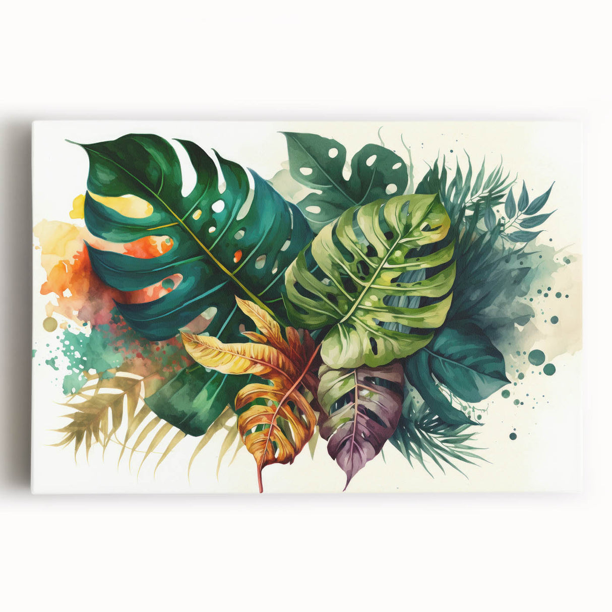 Botanical wall art featuring a vibrant Monstera leaf design on stretched canvas, showcasing rich green hues and intricate details, perfect for home decor.
