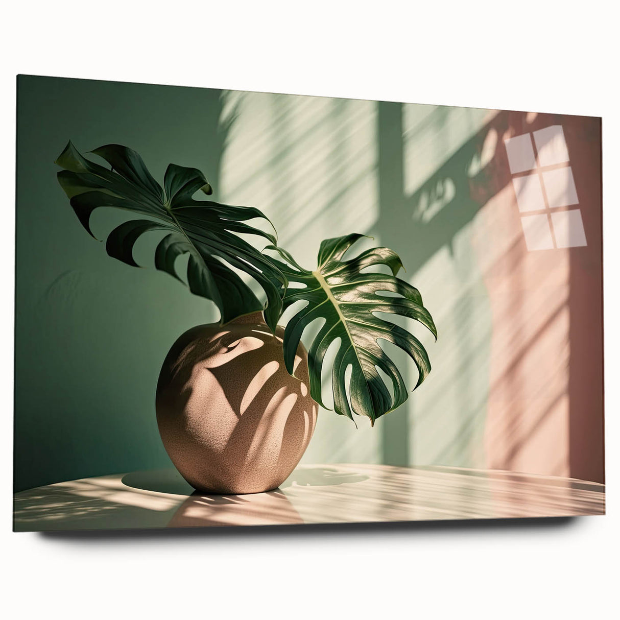 Botanical wall art collection featuring a Monstera design printed on acrylic glass, showcasing vibrant green leaves and a sleek side view, perfect for home decor.
