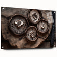 Acrylic glass wall art collection showcasing a vibrant botanical mushrooms design, elegantly displayed from a side view with decorative pins for mounting. Ideal for nature-themed decor.