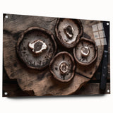 Acrylic glass wall art collection showcasing a vibrant botanical mushrooms design, elegantly displayed from a side view with decorative pins for mounting. Ideal for nature-themed decor.