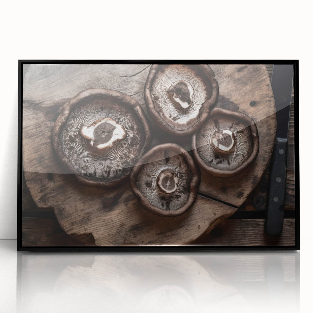 Framed wall art featuring a botanical design of colorful mushrooms and flowers, set against a sleek black background, perfect for home decor enthusiasts.