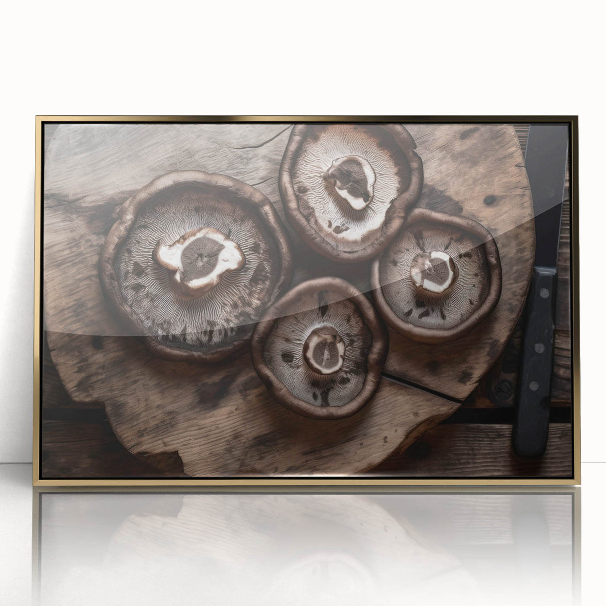 Framed botanical wall art featuring a vibrant design of flowers and mushrooms, presented in a gold-accented acrylic frame, ideal for enhancing home decor.