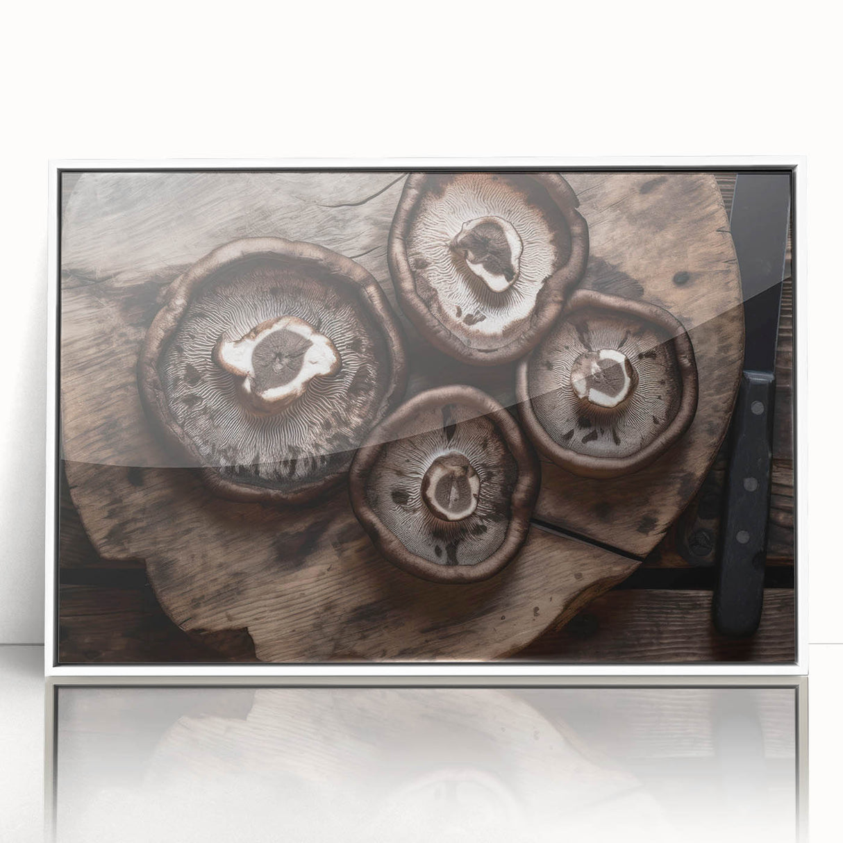Framed wall art featuring a botanical design of colorful flowers and mushrooms on a white background, showcasing intricate details and vibrant hues, perfect for home decor.