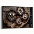 Framed wall art showcasing a botanical design of colorful flowers and mushrooms on a black background, highlighting intricate details and vibrant hues.