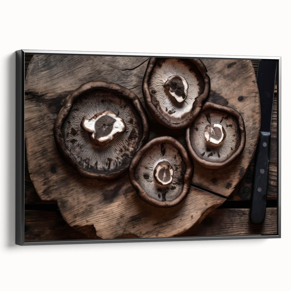 Framed wall art showcasing a botanical design of colorful flowers and mushrooms on a black background, highlighting intricate details and vibrant hues.
