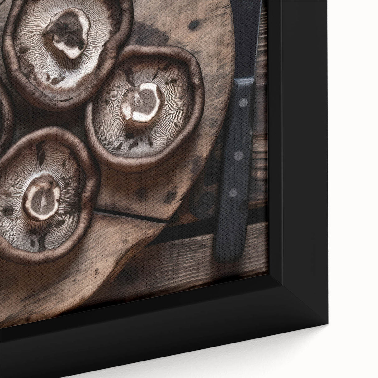 Close-up of a framed botanical wall art piece showcasing vibrant flowers and mushrooms, featuring intricate details and rich colors, perfect for home decor.