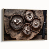 Framed wall art featuring a botanical design of colorful flowers and mushrooms, set against a gold background, showcasing intricate details and textures.