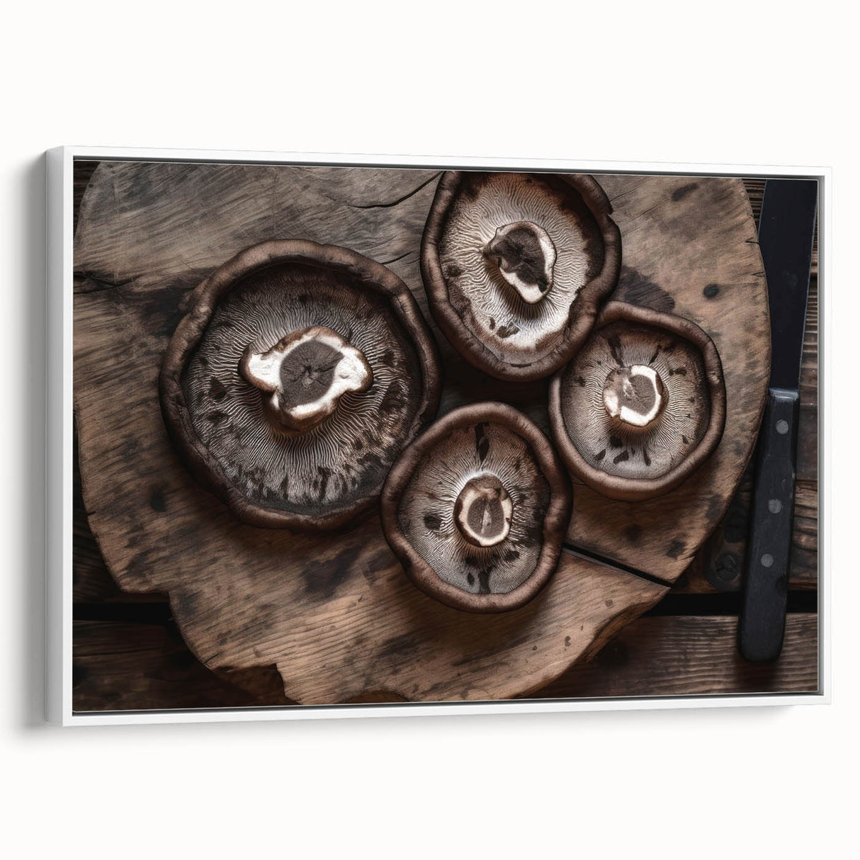 Framed botanical wall art design featuring vibrant flowers and mushrooms on a white background, showcasing intricate details and a modern aesthetic, ideal for home decor.