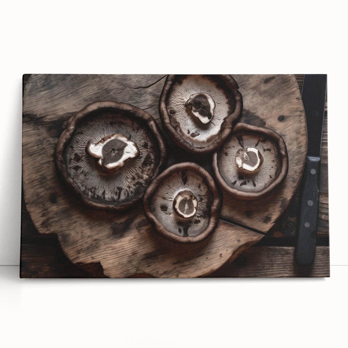 Botanical wall art featuring an intricate design of colorful mushrooms and flowers on stretched canvas, elegantly leaning against a neutral background, perfect for nature-inspired decor.