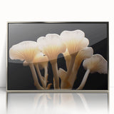 Framed wall art featuring a botanical design of vibrant flowers and mushrooms, elegantly showcased in a silver-acrylic frame, perfect for modern decor.