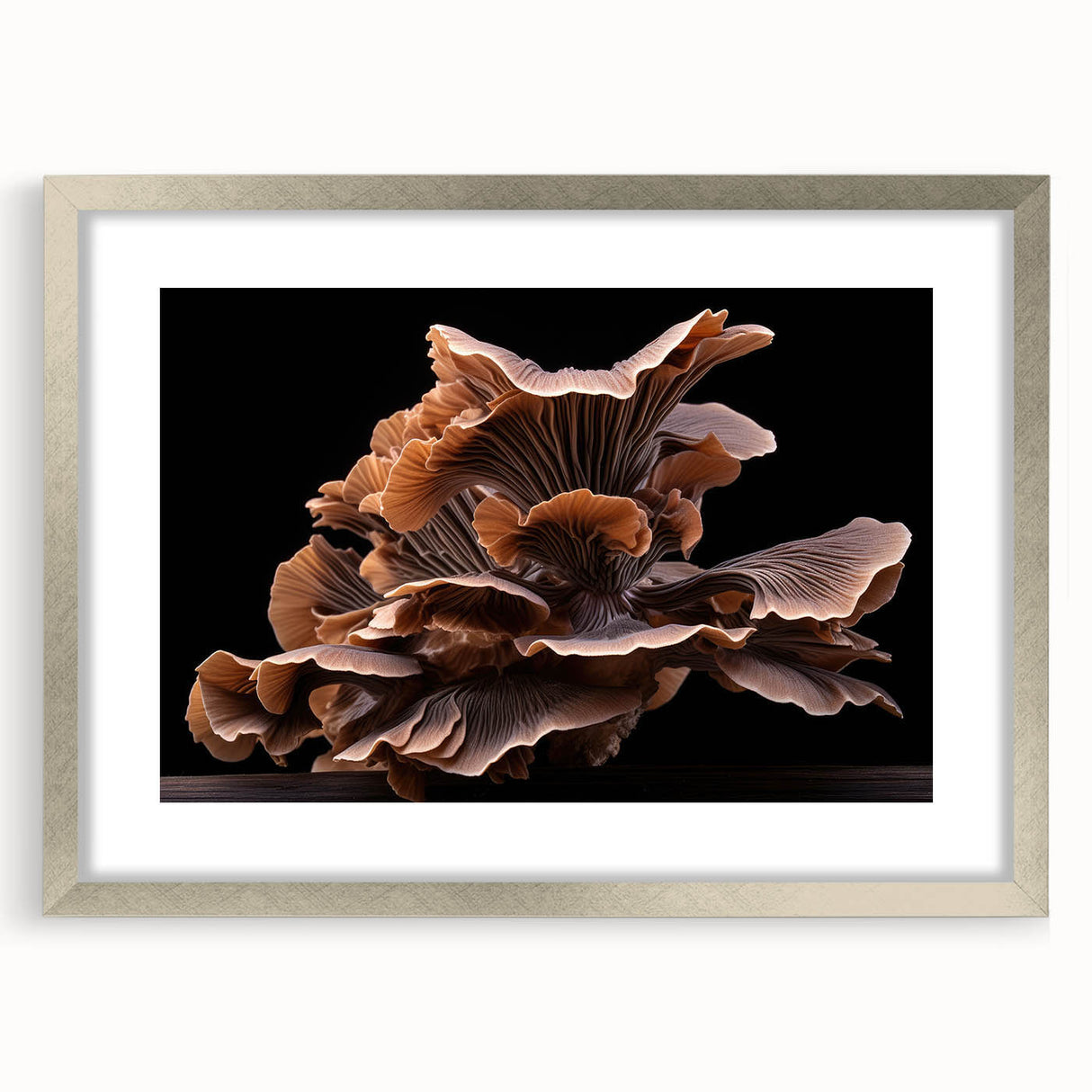 Botanical wall art featuring a detailed floral and mushroom design, framed with a silver mat. Ideal for home decor, this print adds a touch of nature to any space.