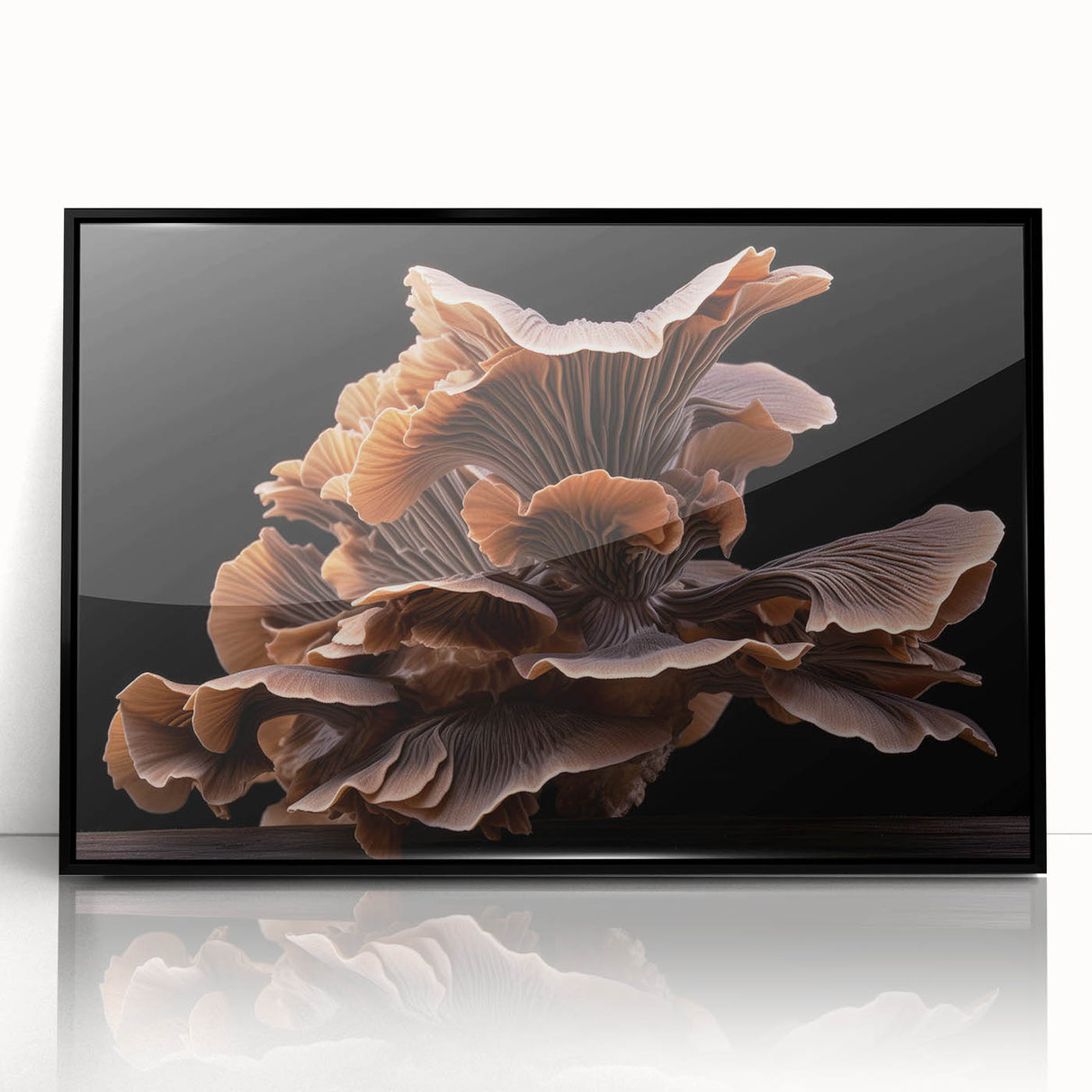 Framed wall art featuring a botanical design of colorful flowers and mushrooms, displayed in a sleek black frame, perfect for home decor enhancement.