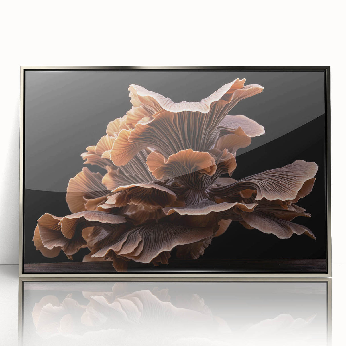 Framed wall art featuring a botanical design of colorful mushrooms and flowers, set in a silver-acrylic frame, ideal for enhancing modern home decor.