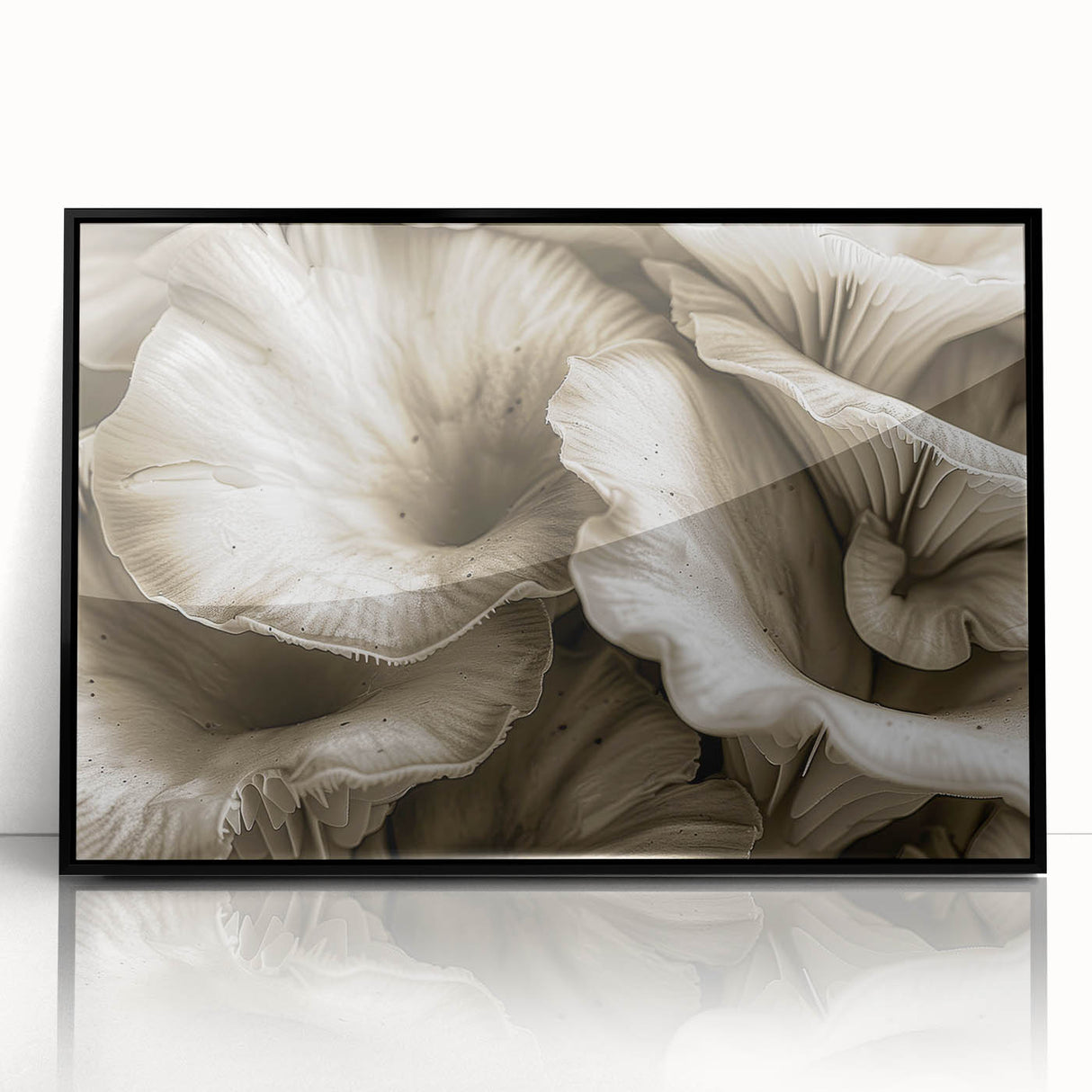 Framed wall art showcasing a botanical design with vibrant flowers and mushrooms, presented in a sleek black frame, ideal for home decor enhancement.