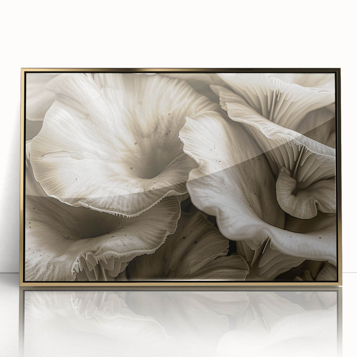 Framed wall art collection showcasing a botanical design with colorful flowers and mushrooms, featuring a gold acrylic front for a modern touch. Perfect for enhancing interior decor.
