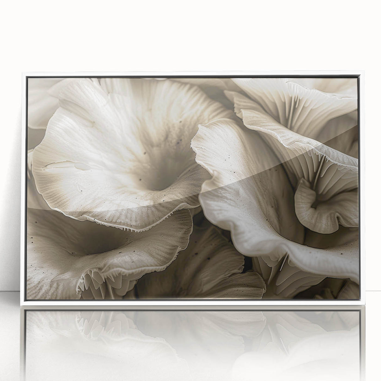 Framed wall art featuring a botanical design of colorful flowers and mushrooms on a white background, showcasing intricate details and vibrant hues, perfect for home decor.