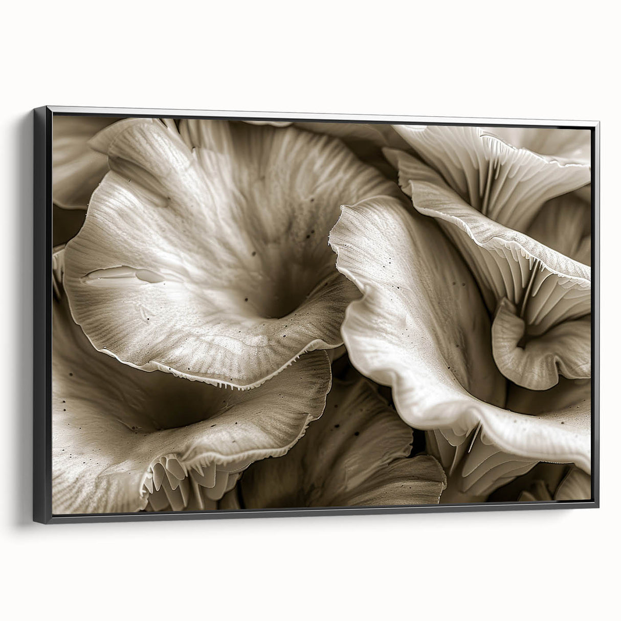 Framed wall art showcasing a botanical design featuring vibrant flowers and mushrooms, presented in a sleek black frame from the side view, perfect for home decor enhancement.