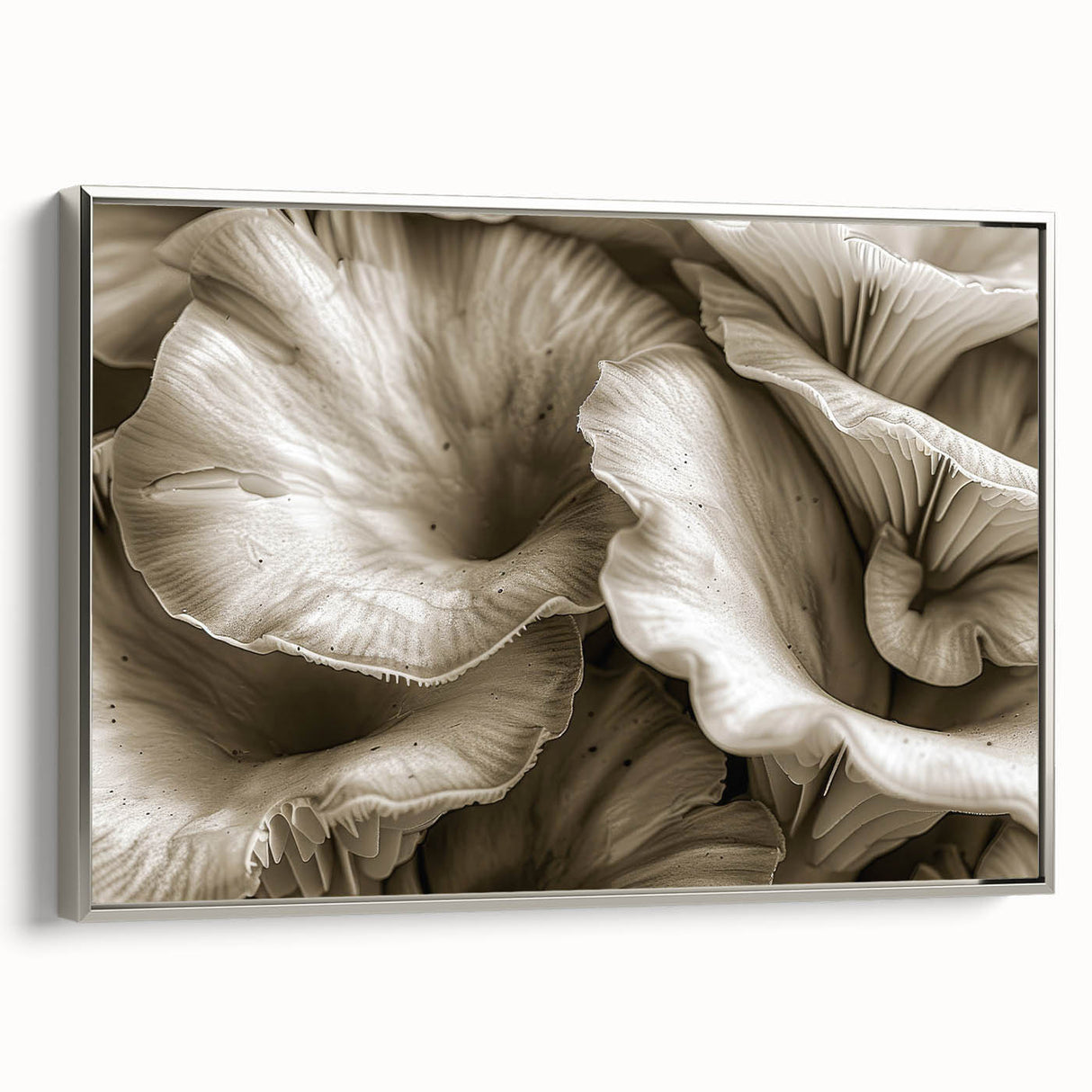 Framed wall art featuring a botanical design of vibrant mushrooms, set against a silver frame, ideal for enhancing modern home decor with nature-inspired aesthetics.
