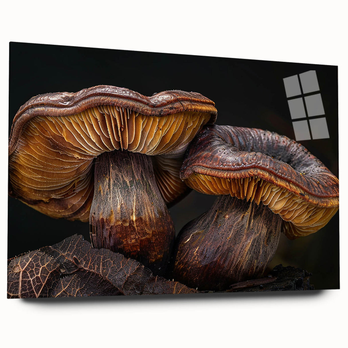 Botanical wall art collection featuring vibrant floral and mushroom designs printed on acrylic glass, showcasing a side view without pins, ideal for modern decor. Perfect for nature lovers and art enthusiasts seeking unique home accents.