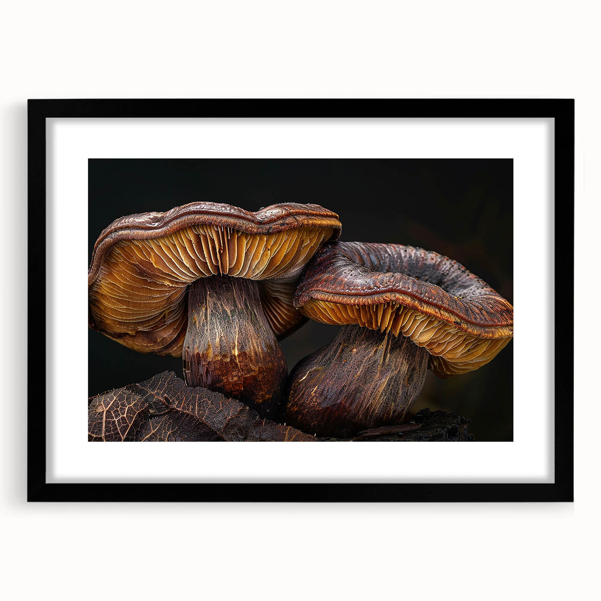 Botanical wall art featuring a colorful floral and mushroom design, framed in black with a mat, ideal for modern home decor, enhancing aesthetic appeal.
