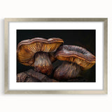 Framed botanical wall art featuring a design of vibrant flowers and mushrooms, accented with a silver frame and mat, ideal for enhancing home decor.