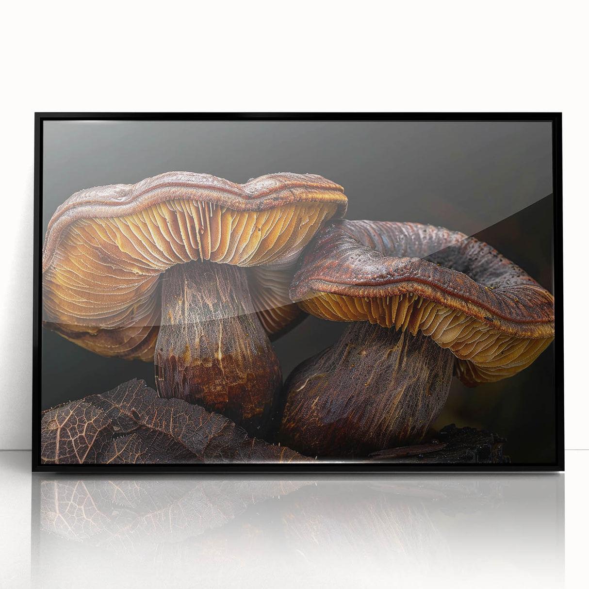 Framed botanical wall art featuring a vibrant design of colorful flowers and mushrooms, showcasing rich details and textures with a sleek black frame, perfect for modern decor.