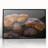 Framed botanical wall art featuring a vibrant design of colorful flowers and mushrooms, showcasing rich details and textures with a sleek black frame, perfect for modern decor.