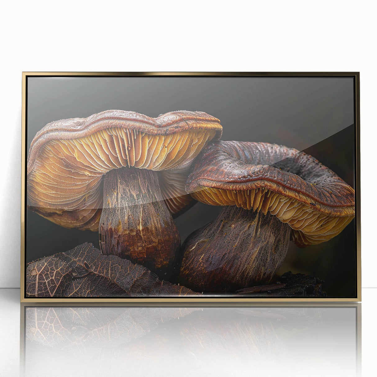 Framed wall art featuring a botanical design of colorful mushrooms and flowers, enclosed in a gold-accented frame, perfect for home decor and nature enthusiasts.