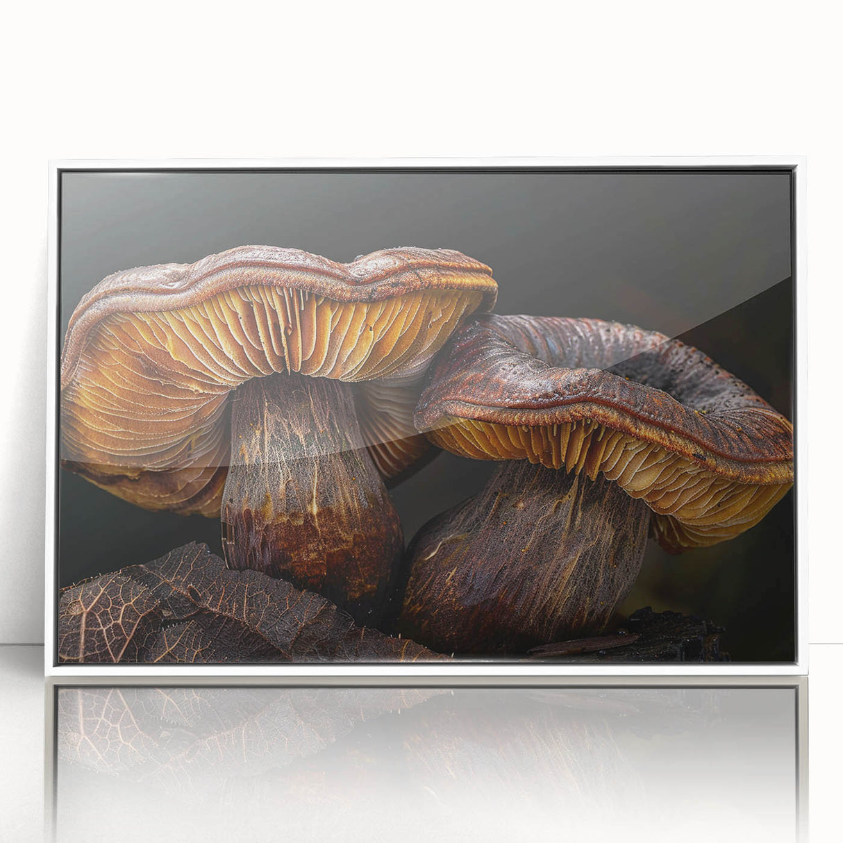 Framed wall art collection featuring a botanical design of colorful flowers and mushrooms, displayed in a sleek white frame, ideal for home decor enhancements.