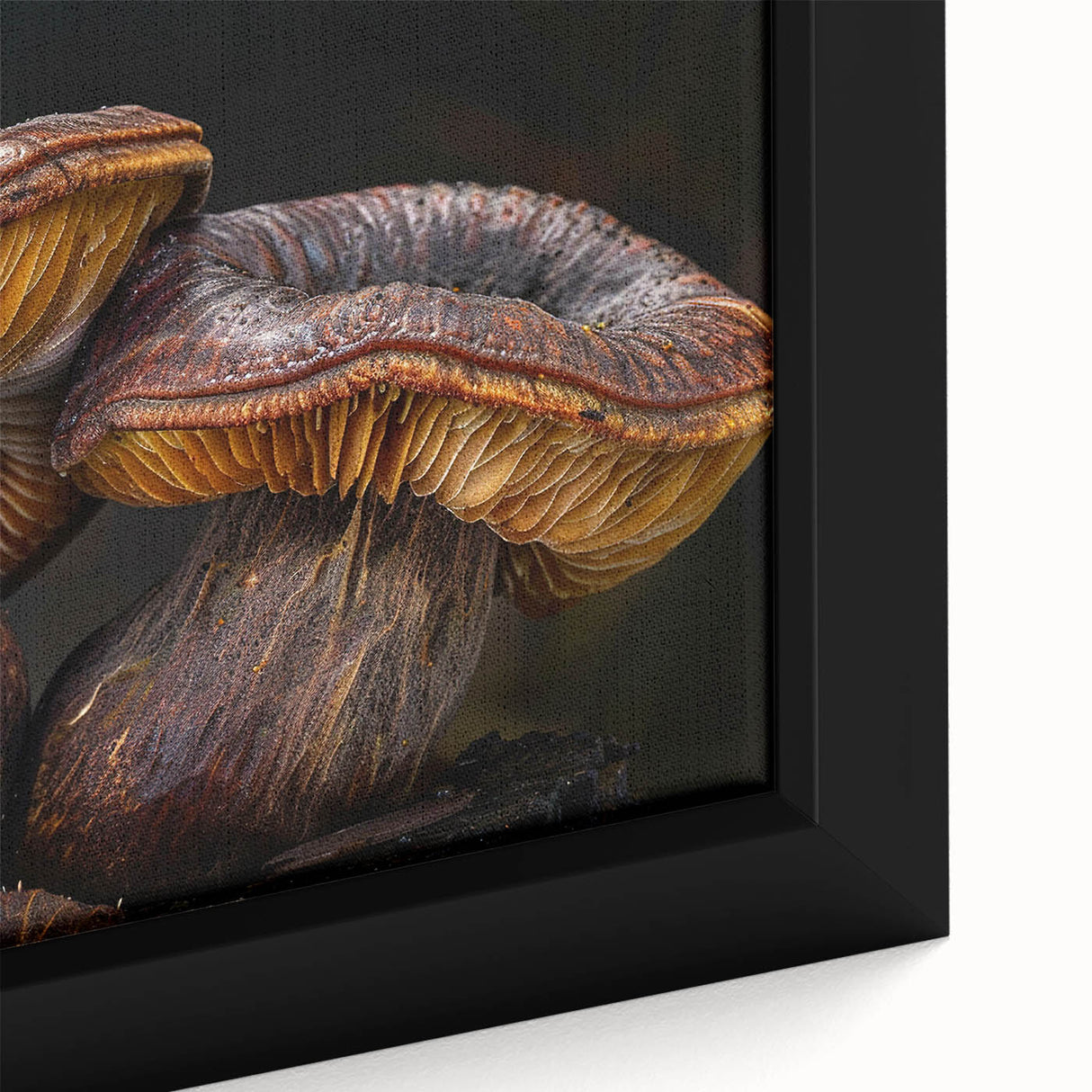 Close-up of a framed canvas print showcasing a vibrant botanical design of colorful flowers and mushrooms, perfect for enhancing home decor with nature-inspired art.