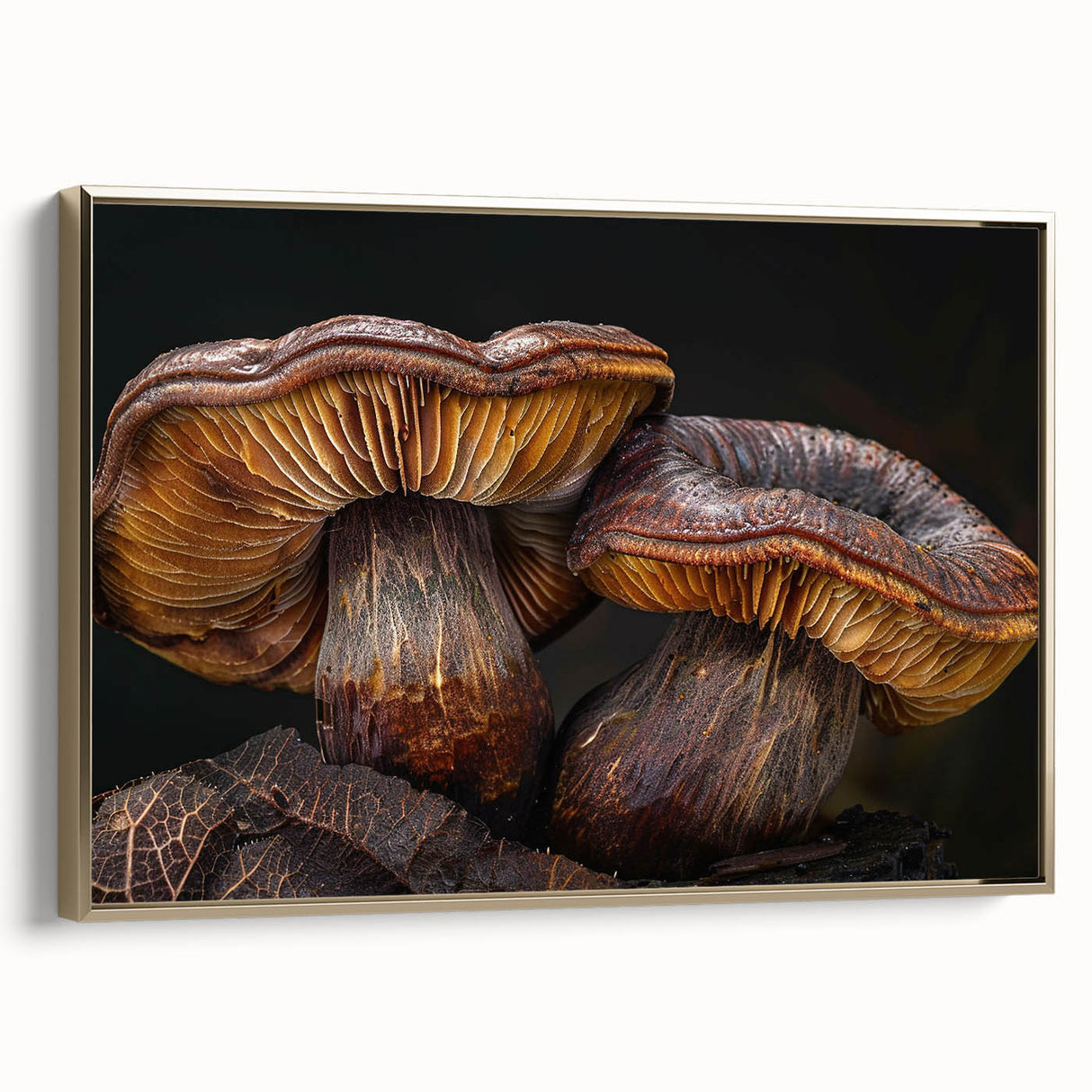 Framed canvas wall art featuring a botanical design of colorful mushrooms, set against a gold background, perfect for enhancing modern decor with a touch of nature.