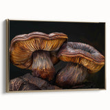 Framed canvas wall art featuring a botanical design of colorful mushrooms, set against a gold background, perfect for enhancing modern decor with a touch of nature.