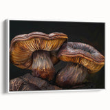 Framed canvas wall art showcasing a vibrant botanical design featuring colorful flowers and mushrooms against a white background, ideal for home decor.