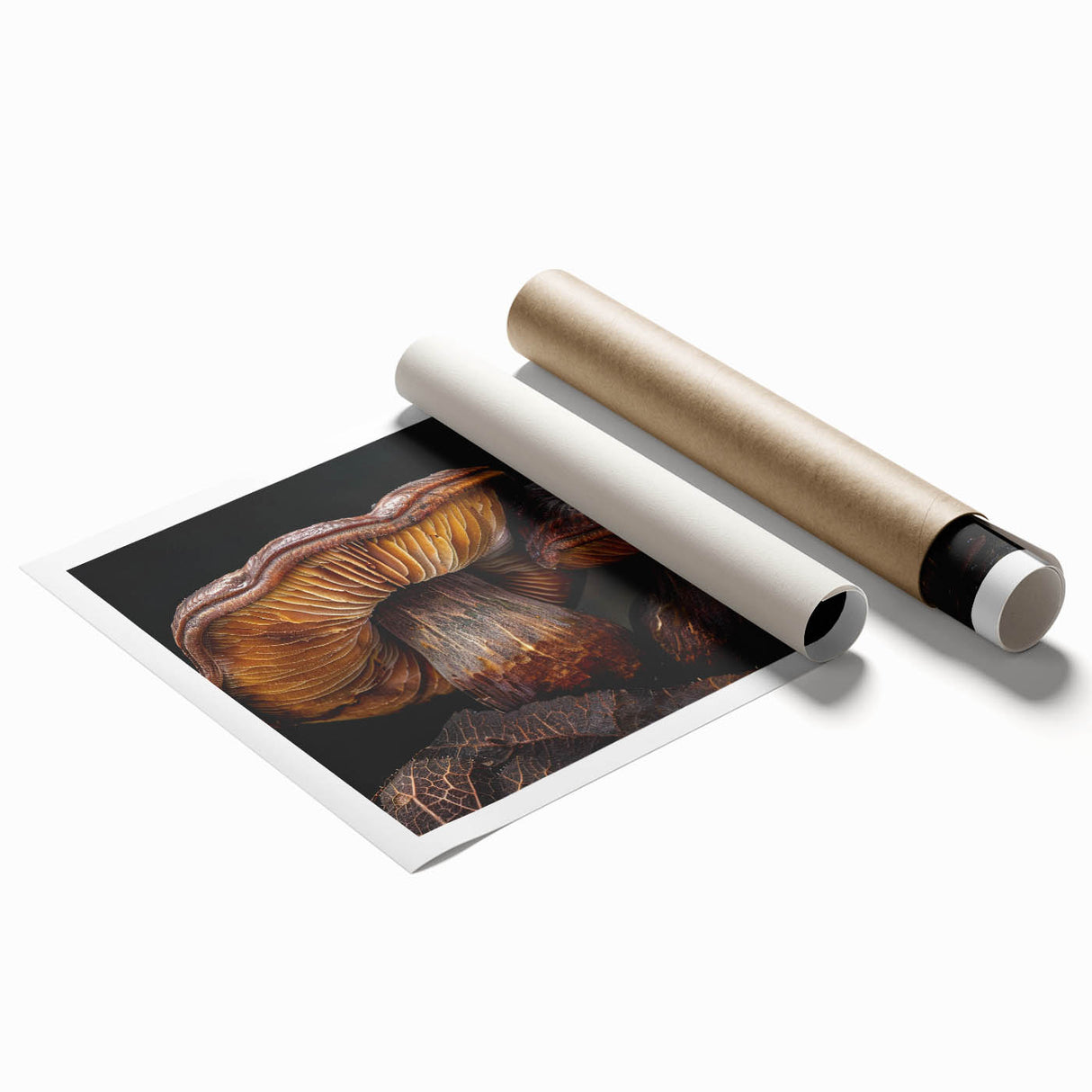 Botanical wall art print showcasing vibrant mushrooms and flowers in a colorful design, rolled and ready for framing, ideal for nature-inspired decor.