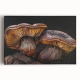 Stretched canvas wall art showcasing a vibrant floral and botanical design with intricate mushrooms, perfect for home decor, enhancing natural aesthetics.