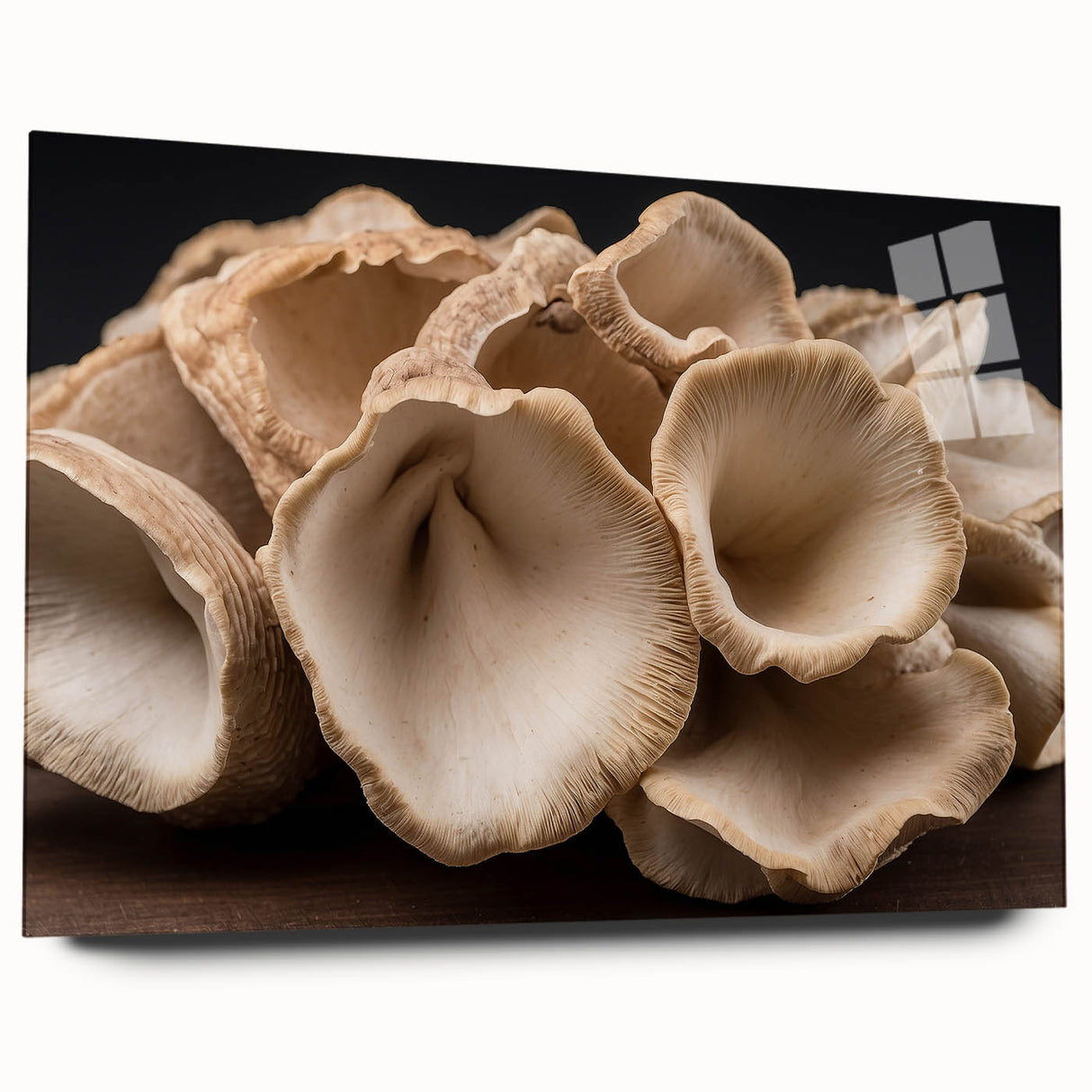 Acrylic wall art featuring a vibrant botanical design of colorful flowers and mushrooms, elegantly displayed in a side view, showcasing its glossy finish and intricate details.