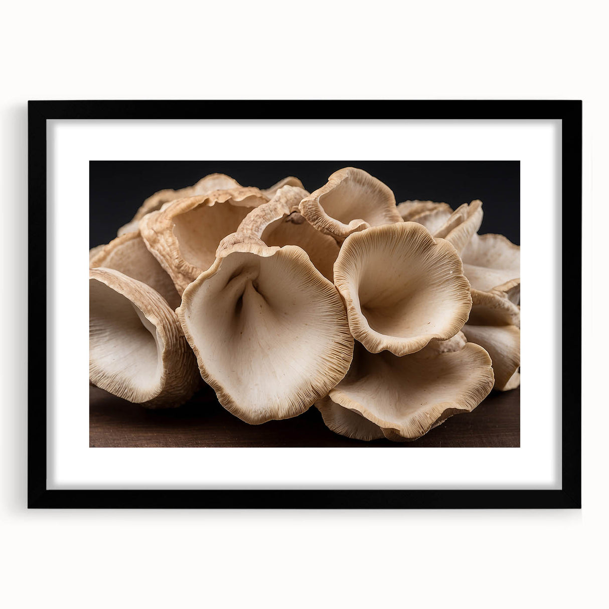 Botanical wall art design featuring vibrant flowers and mushrooms in a sleek black frame with a mat, ideal for enhancing home decor and adding a natural touch.