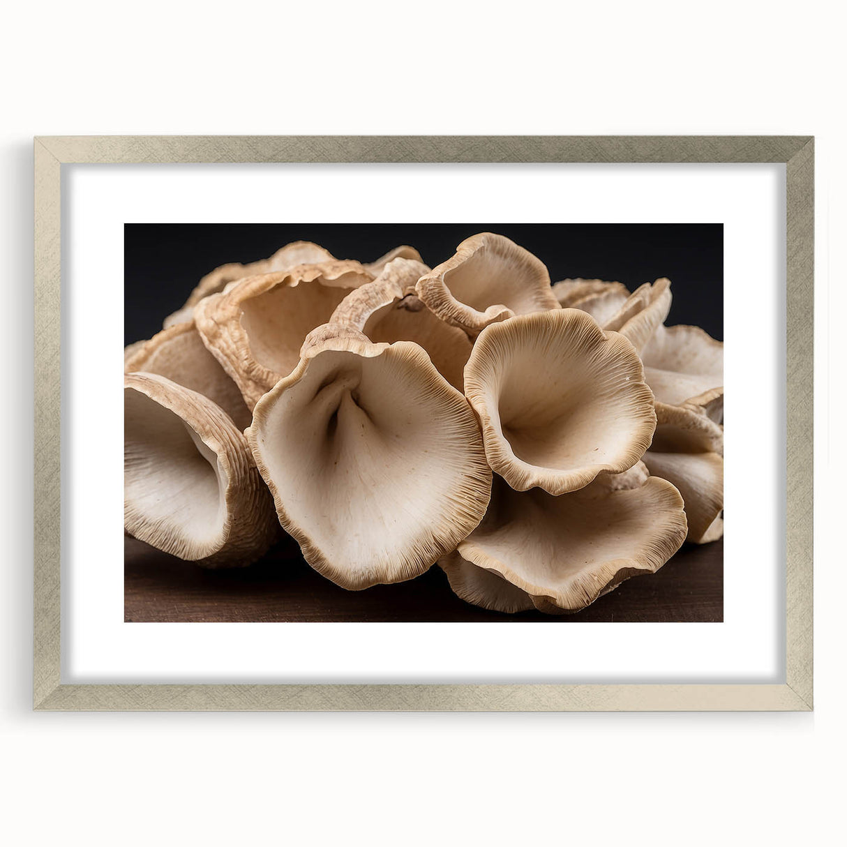 Framed botanical wall art collection featuring vibrant flowers and mushrooms, elegantly displayed in a silver frame with a mat, ideal for home decor.