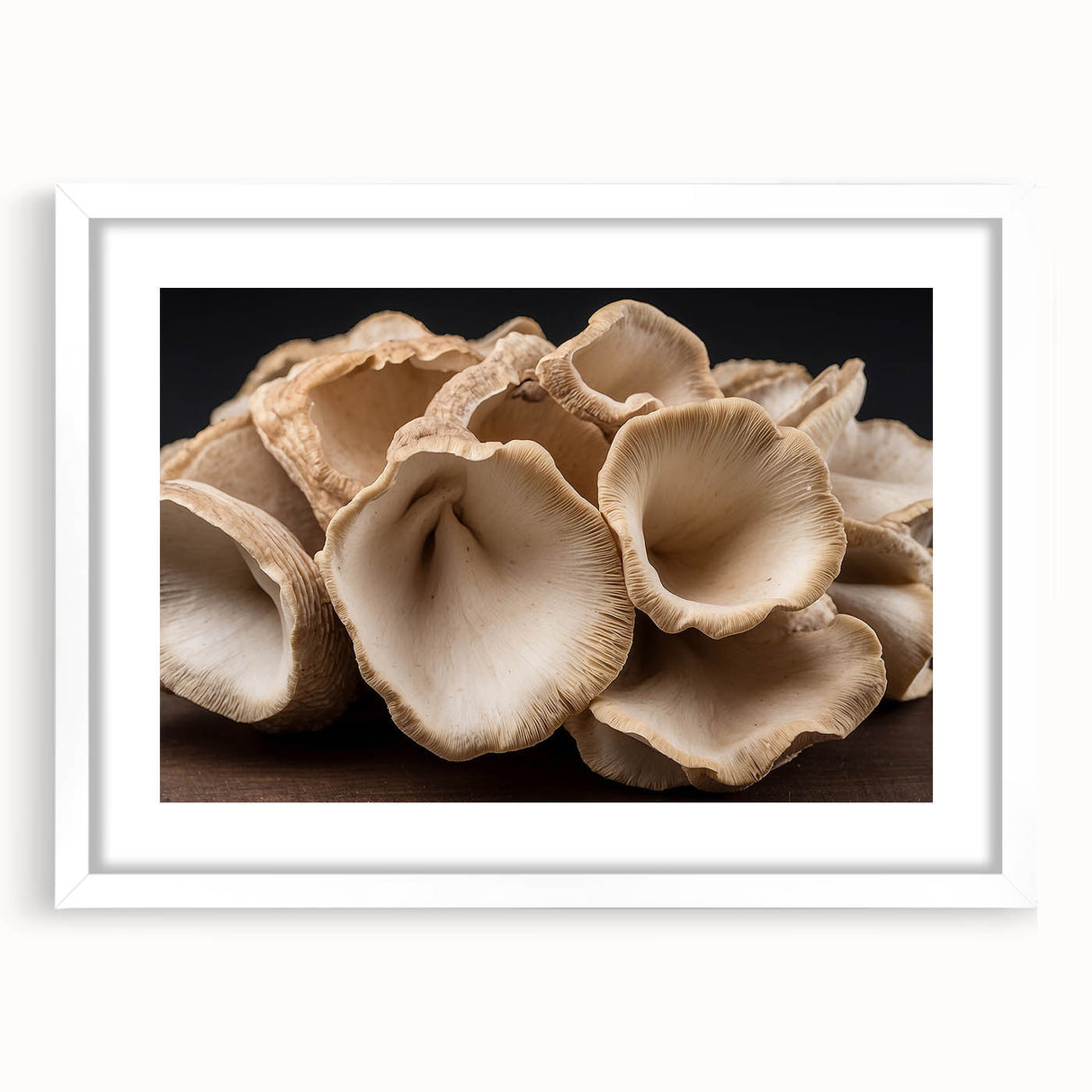 Framed wall art depicting a botanical design with vibrant flowers and mushrooms, featuring a white mat and sleek frame, perfect for home decor.