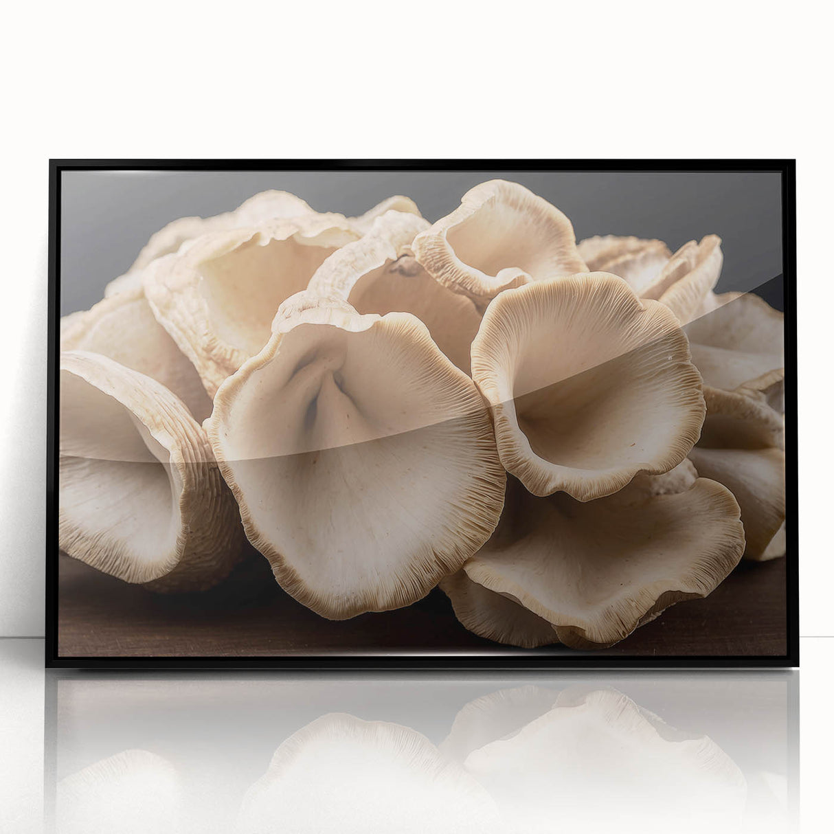 Framed wall art featuring a botanical design of colorful flowers and mushrooms, set against a sleek black background, ideal for modern home decor.