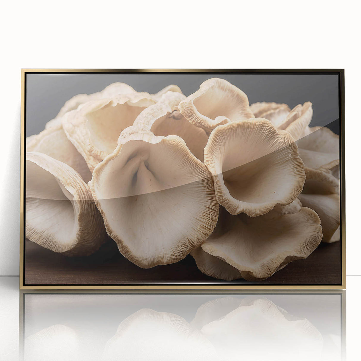 Framed wall art featuring a botanical design of colorful flowers and mushrooms, presented with a gold acrylic frame, ideal for enhancing home decor.