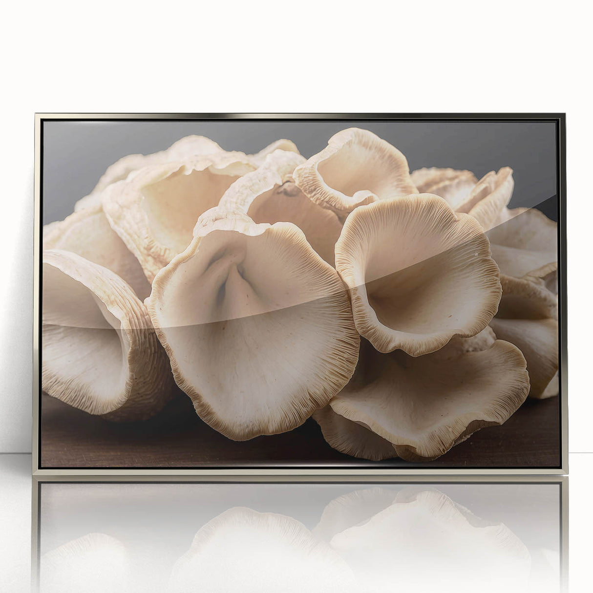 Framed wall art featuring a botanical design with colorful flowers and mushrooms, set in a sleek silver frame against a white background, ideal for modern decor.