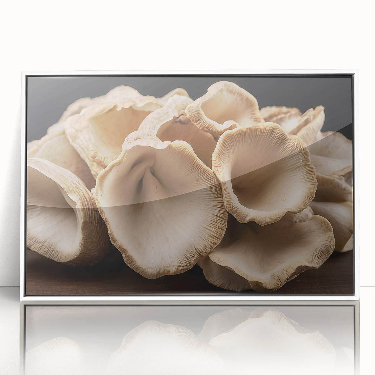 Framed wall art featuring a botanical design of colorful mushrooms and flowers, presented in a sleek white frame, perfect for home decor and nature enthusiasts.