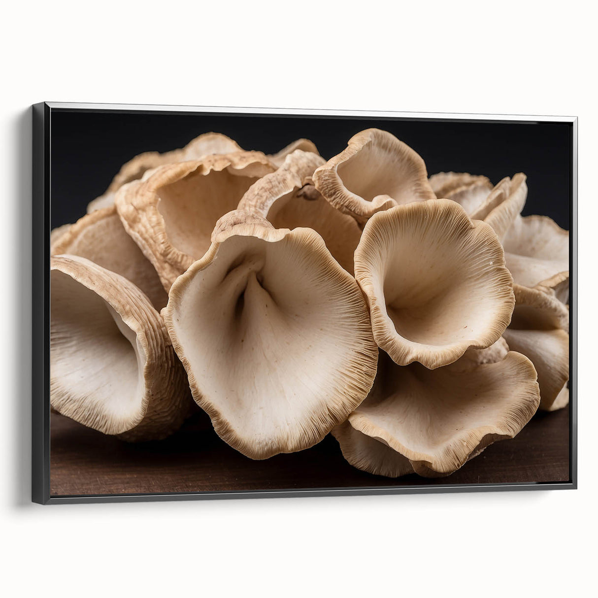 Framed canvas art showcasing a botanical design of colorful flowers and mushrooms, featuring a sleek black frame and side view perspective, ideal for home decor.