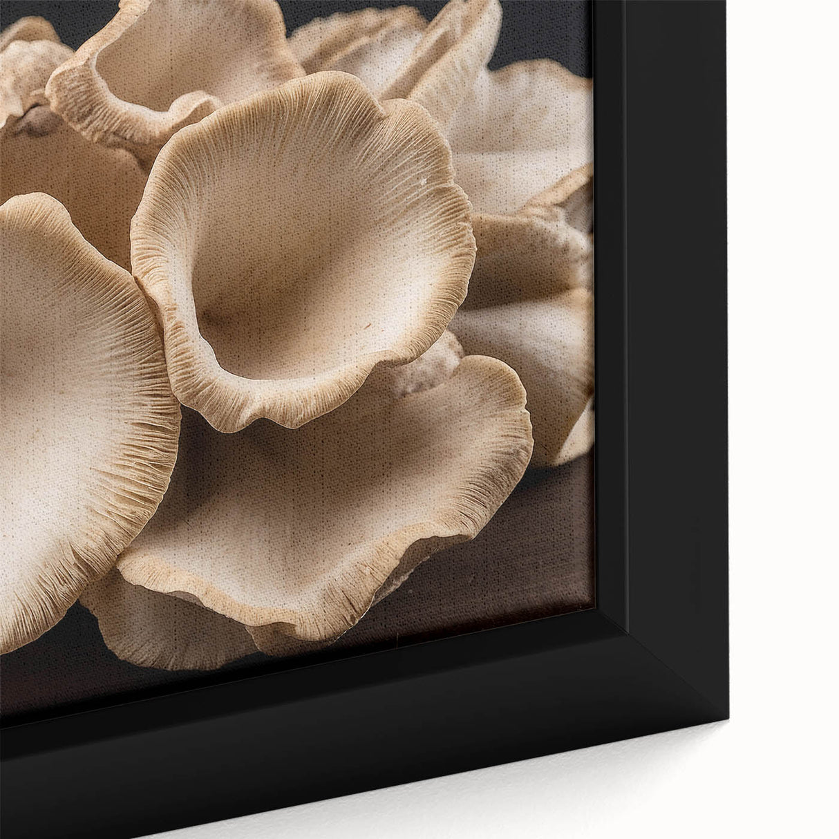 Close-up of a framed canvas wall art featuring a vibrant botanical design of colorful flowers and mushrooms, showcasing intricate details and textures, ideal for home decor.