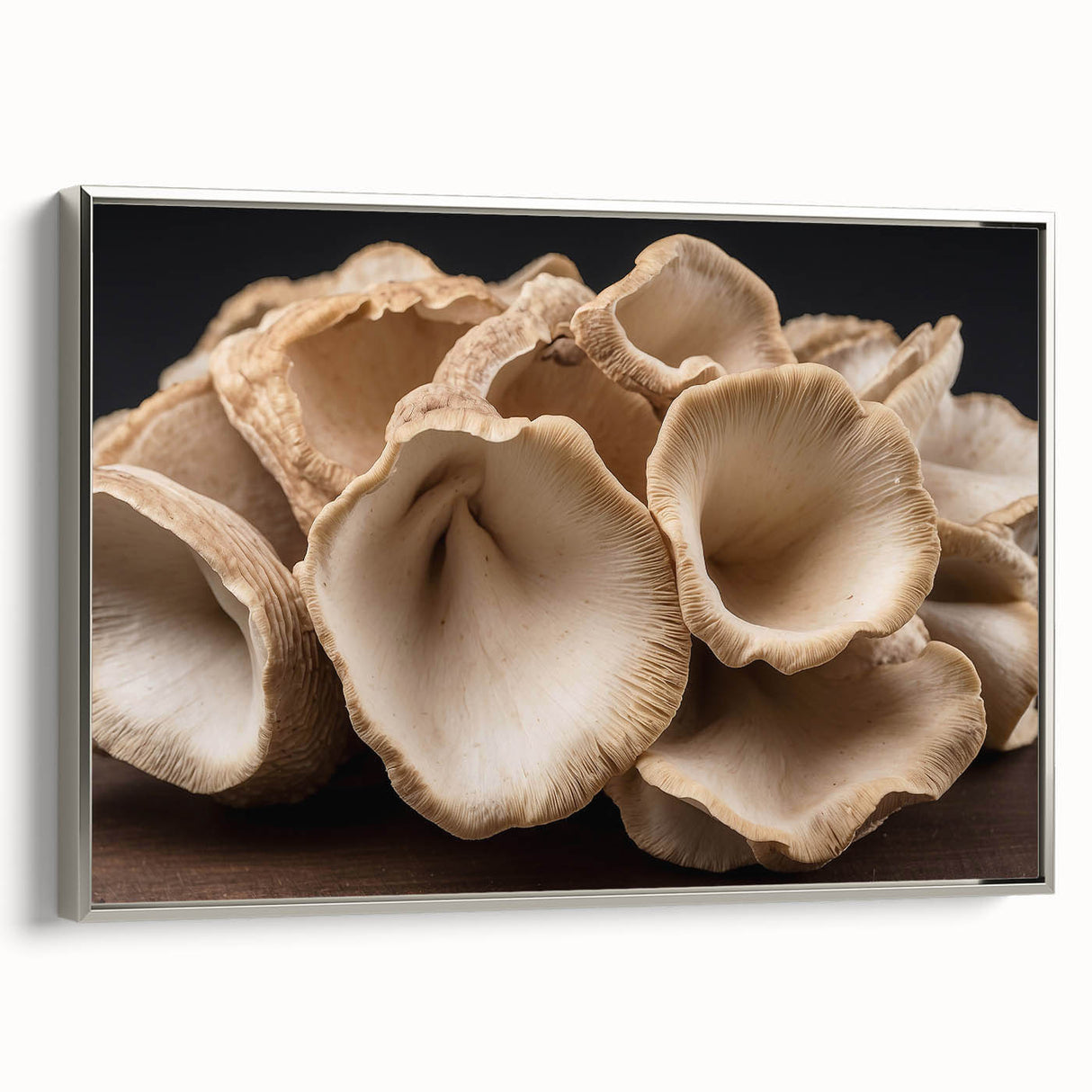 Framed wall art collection showcasing a botanical design of colorful flowers and mushrooms on a textured canvas, featuring a sleek silver frame from a side view.