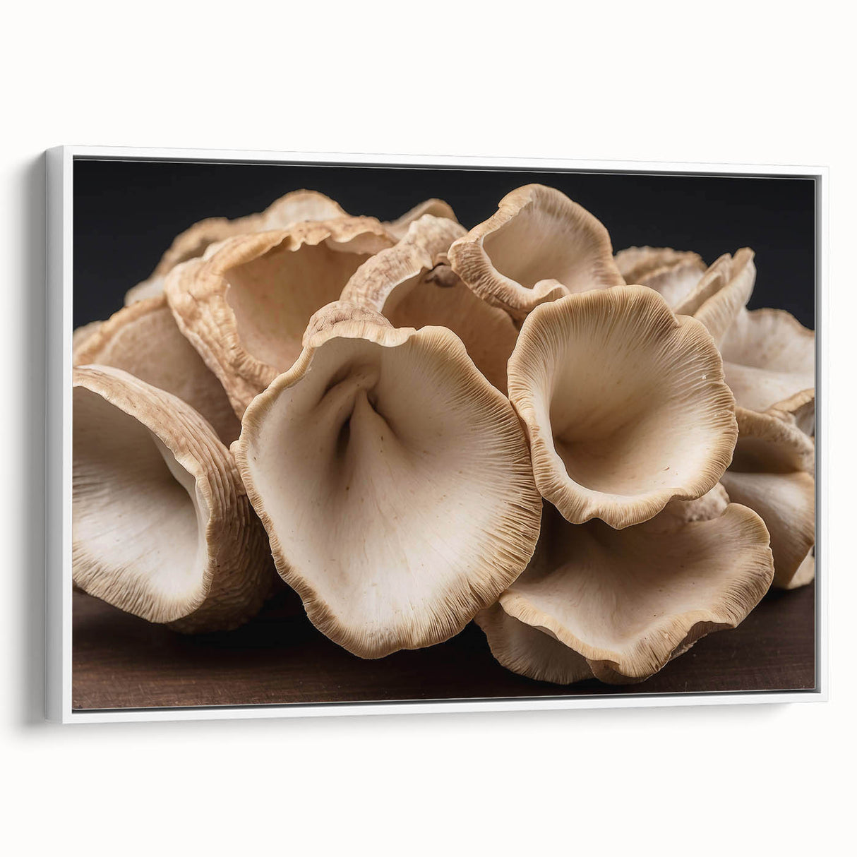 Framed wall art featuring a botanical design with vibrant mushrooms and flowers, set against a white background, showcasing a contemporary aesthetic. The artwork adds a touch of nature-inspired elegance to home decor.